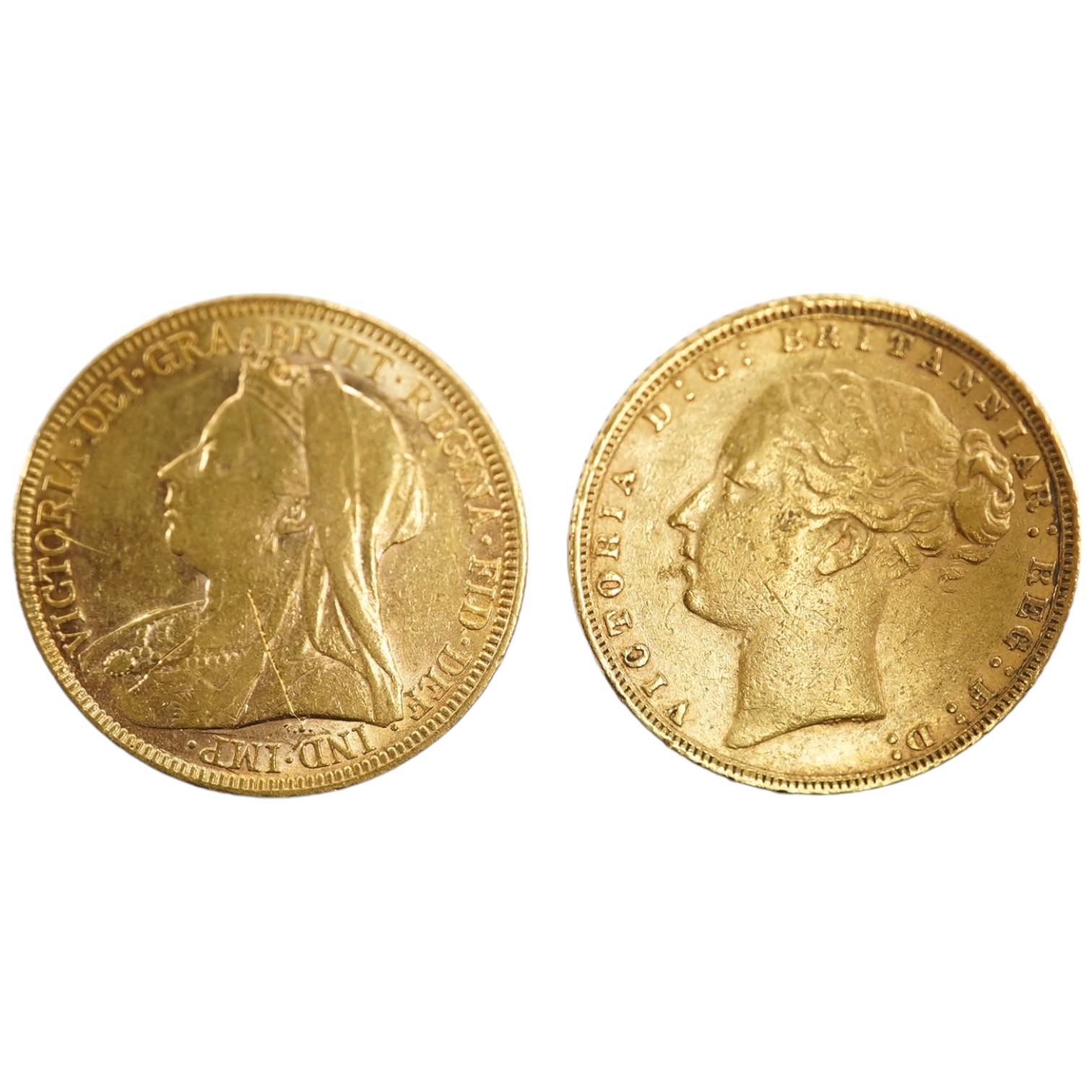 British gold coins, Victoria, two gold sovereigns, 1876, near fine and 1896, fine or better (2)